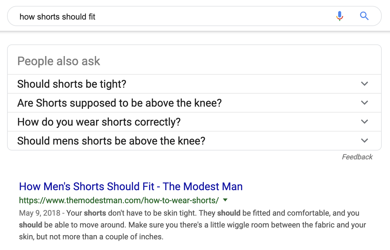 How shorts should fit search results